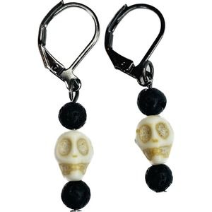 Men Women Gothic Punk Skull Lava Howlite Leverback Small Black Dangle Earrings